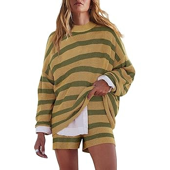 LAMISSCHE Womens Oversized Lounge Sets 2 Piece Outfits Striped Matching Pajama Set Long Sleeve Sw... | Amazon (US)