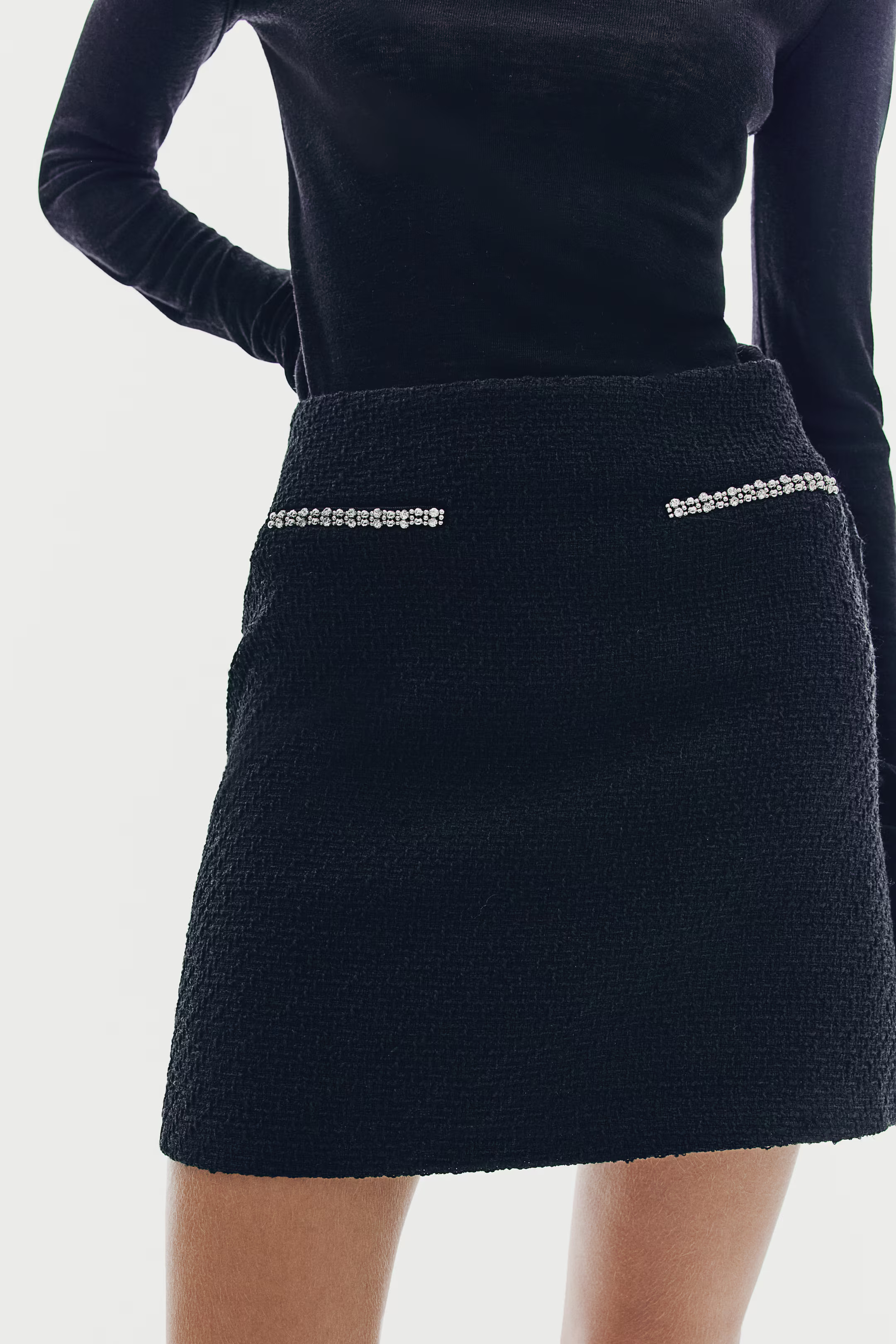 Bouclé Mini Skirt - Black/rhinestones - Ladies | H&M US | H&M (US + CA)