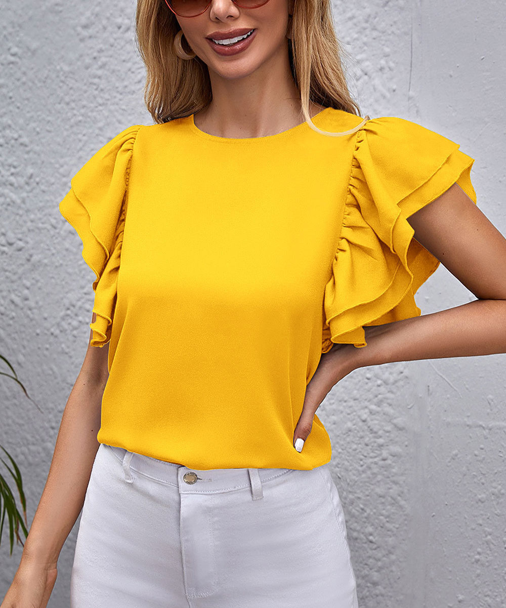 IZURIA Women's Blouses Yellow - Yellow Ruffle Flutter-Sleeve Crewneck Top - Women & Plus | Zulily