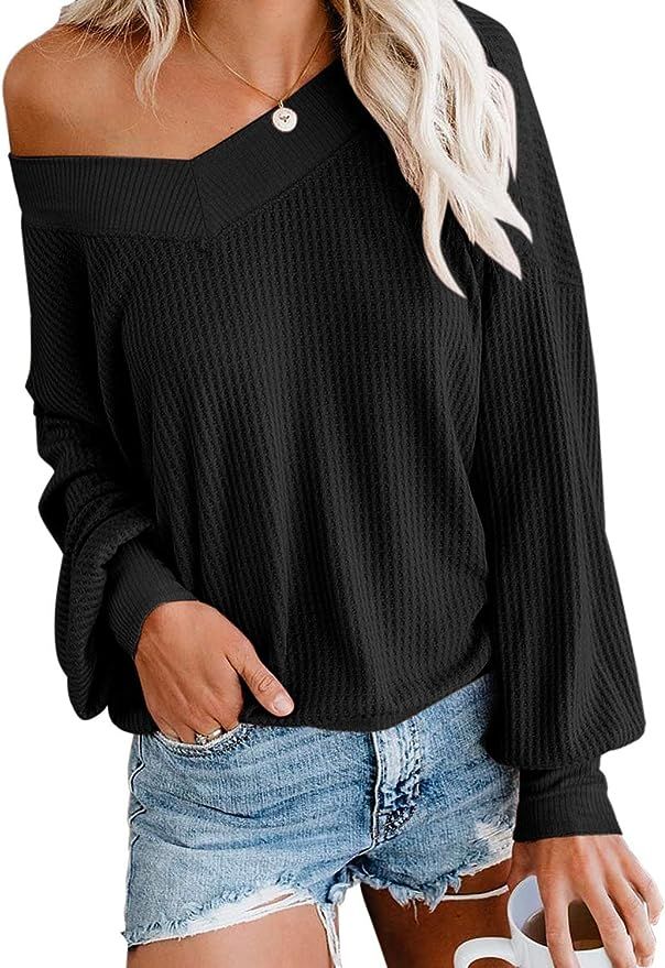 Adreamly Women's V Neck Long Sleeve Waffle Knit Top Off Shoulder Oversized Pullover Sweater | Amazon (US)