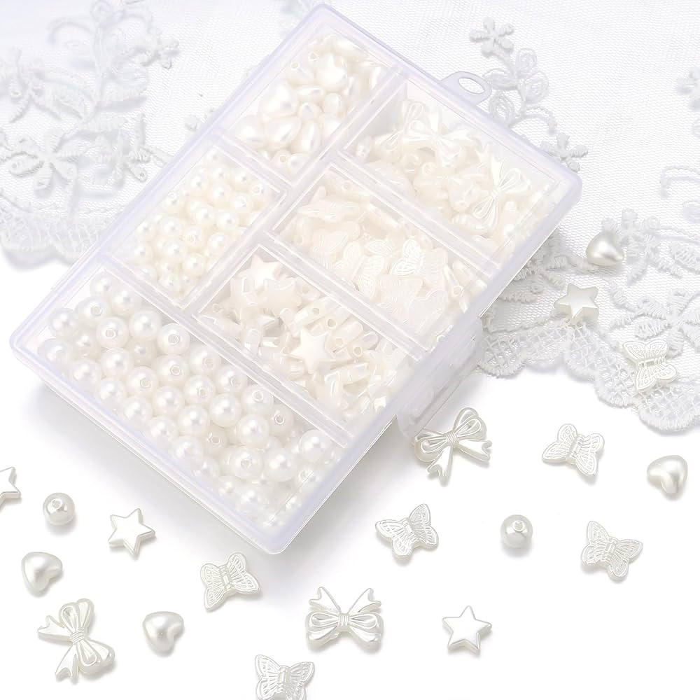 400Pcs ABS Imitation Pearl Beads Loose White Heart Bow Bowtie Bowknot Butterfly Aesthetic Beads f... | Amazon (US)