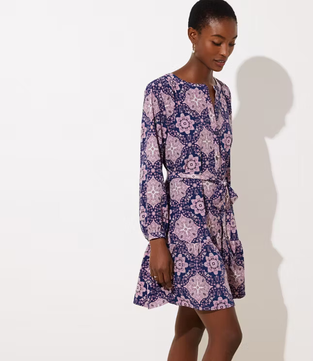 Tiled Tie Waist Flounce Dress | LOFT | LOFT