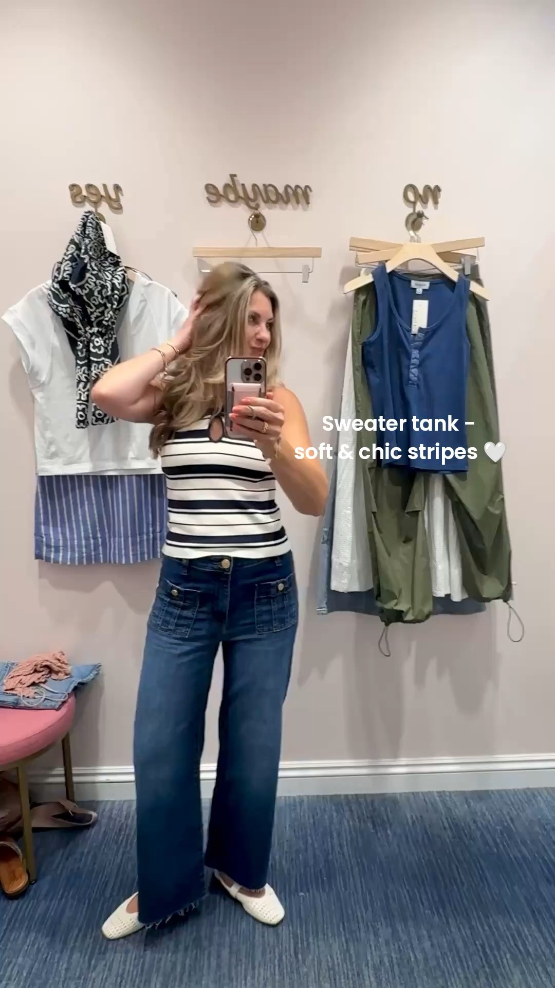 This sweater tank is soft and has the cutest twisted halter neckline & cutout detail - not to mention the stripes 😍 Paired with front patch pocket jeans for a summer ready fit.

#LTKootd #LTKgrwm #LTKOver40