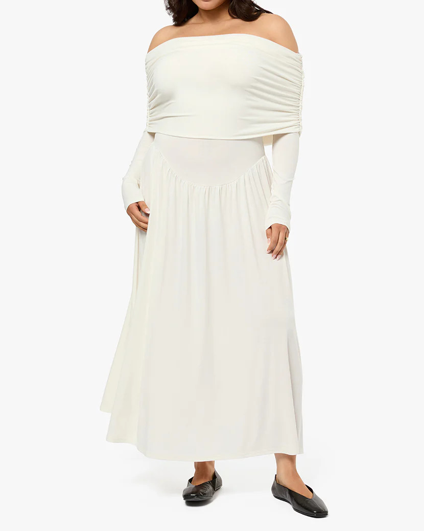 Off Shoulder Ruched Midi Dress | We Wore What
