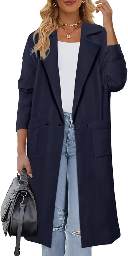 MEROKEETY Women's Open Front Oversized Knit Long Cardigan Coat Notch Lapel Button Fall Sweaters w... | Amazon (US)