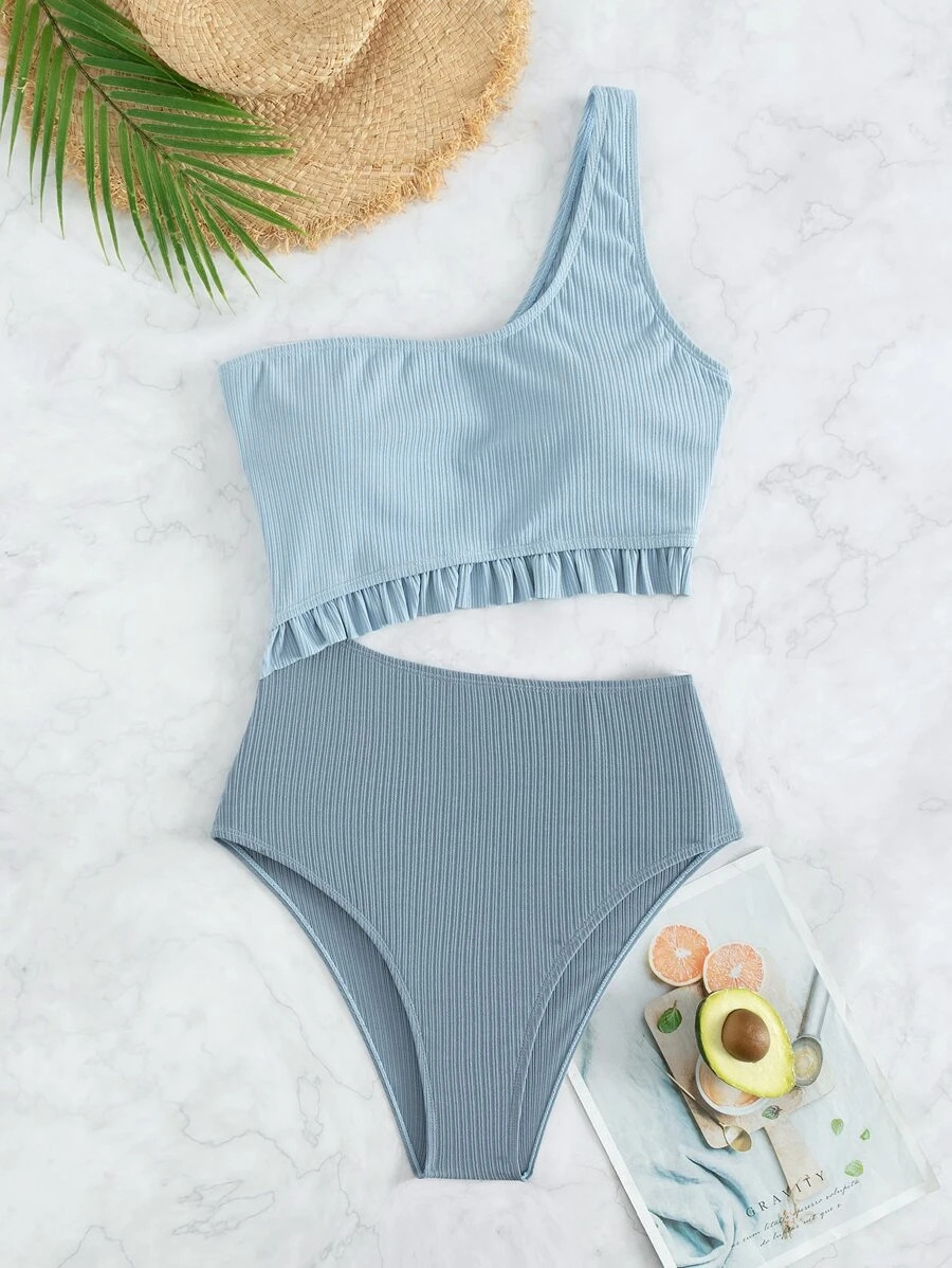 One Shoulder Frill Trim Cut Out One Piece Swimsuit
   SKU: sw2205068304093588      
          (14... | SHEIN