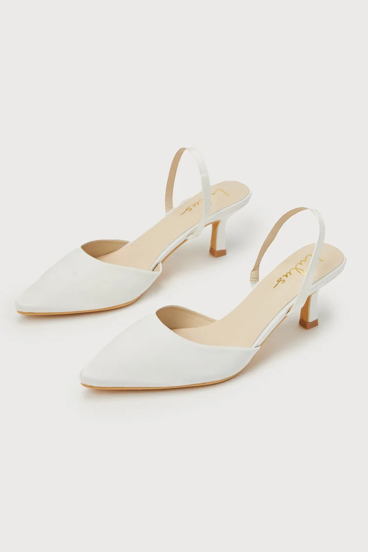 Leith White Satin Kitten Heel Slingback Pumps | Lulus