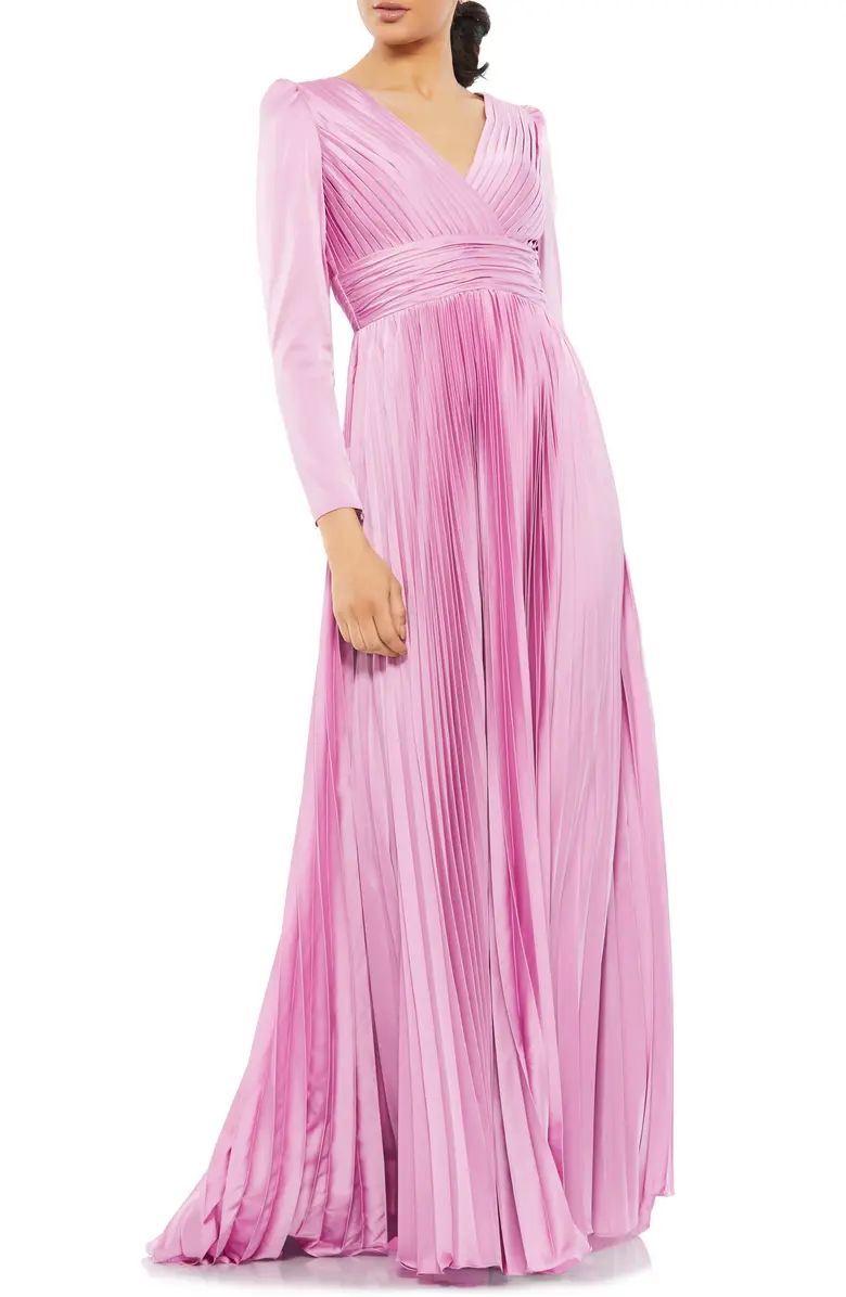 Mac Duggal Pleated Long Sleeve Chiffon A-Line Gown | Nordstrom | Nordstrom