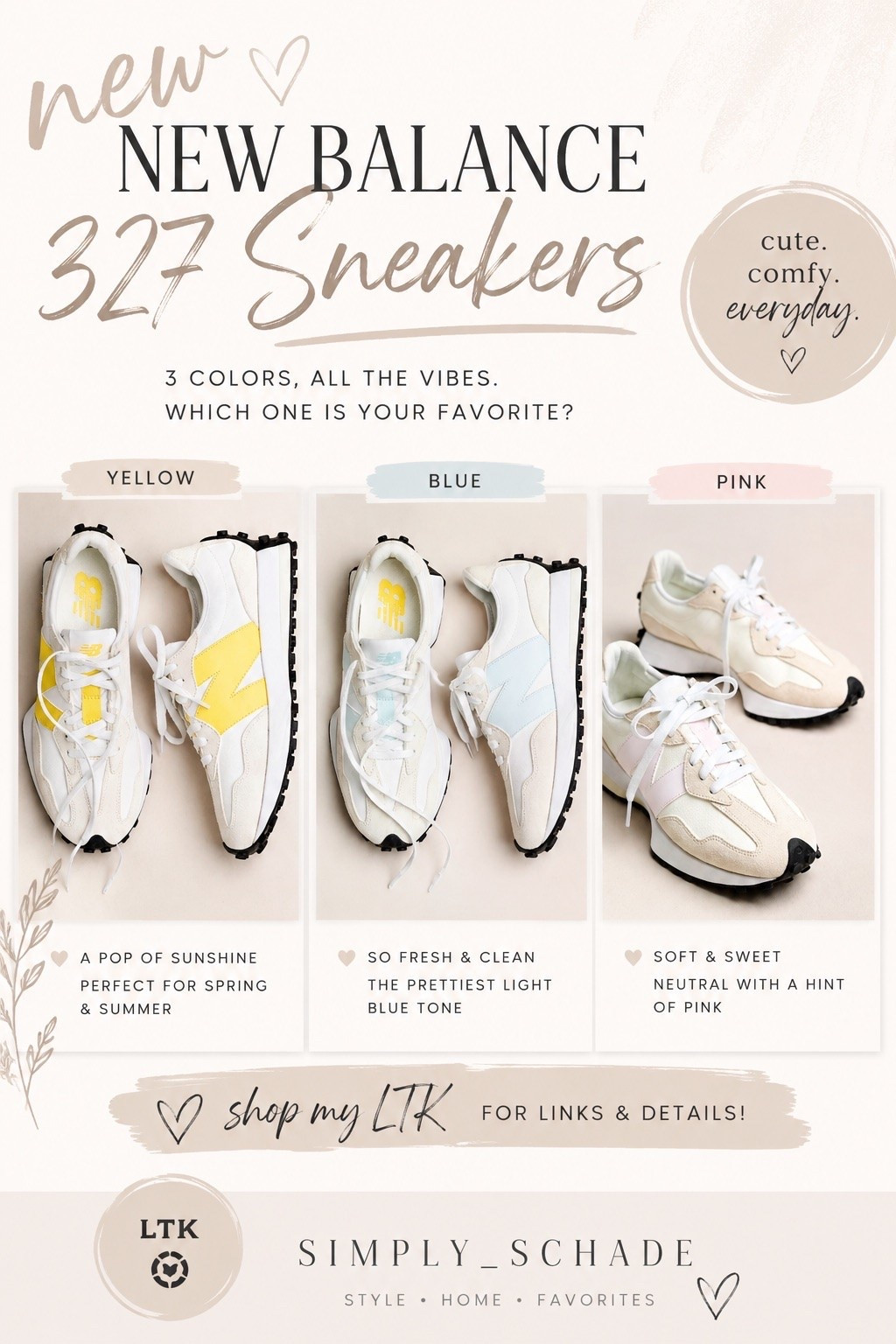 The sneaker I keep reaching for 👟🤍 New Balance 327s = cute, comfy & perfect for everyday wear! Which color is your fave… yellow, blue, or pink?! 🌸💙☀️ Linked in my LTK! #LTK #NewBalance327 #SneakerStyle #ComfyCute #EverydayStyle #LTKfinds #CasualOutfit #SpringStyle

#LTKSaleAlert #LTKActive #LTKgrwm