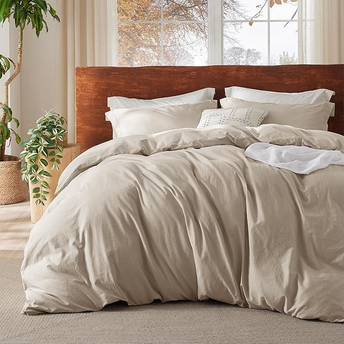 Bedsure 100% Washed Cotton Duvet Cover Queen Size - Oatmeal Minimalist Cotton Duvet Cover Linen L... | Amazon (US)