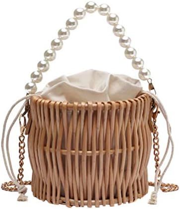 Amosfun Pearl Hand Woven Handbag Straw Woven Rattan Crossbody Bag Vintga Bamboo Handbag- Beach Holid | Amazon (US)