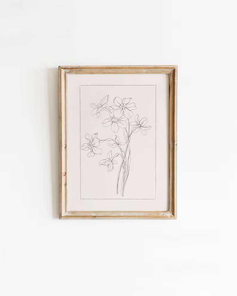 Floral Line Drawing of Daffodils, Black & White Flowers Sketch, Simple Minimalist Artwork, Neutra... | Etsy (US)