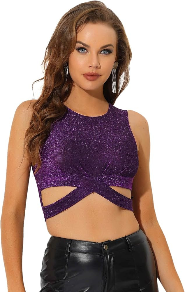 Allegra K Glitter Crop Top for Women's Halloween Sparkly Party Cutout Sleeveless Slim Fit Tops | Amazon (US)