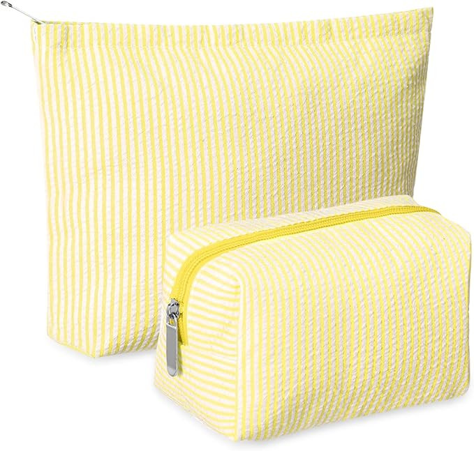 2 Pcs Makeup Bag Set Cute Cosmetic Pouch for Women Seersucker Travel Toiletry Bag Preppy Small Ma... | Amazon (US)