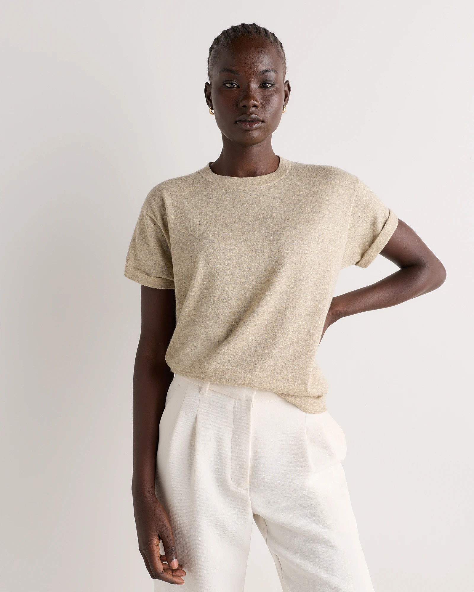 Quince | Women's Cashmere Silk Sparkle Relaxed Sweater T-Shirt in Champagne Luster, Size Small | Quince