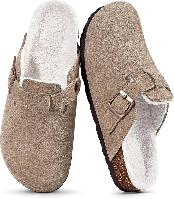 KIDMI Women's Fur Lined Suede Clogs Fuzzy Cork Footbed Mules Slip On Winter Potato Shoes | Amazon (US)