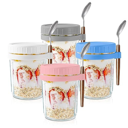 Mason Jars for Overnight Oats: 4 Pack Overnight Oats Containers with Lids and Spoons - 16 oz Glass Food Storage Containers for Milk, Cereal, Fruit - Oatmeal Jars/Canning Jars/Food Jars & Canisters | Amazon (US)
