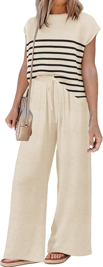 ETCYY Sets for Women Spring Outfits for Women 2024 Travel Wide Leg Pant Summer Two Piece Sets Lou... | Amazon (US)