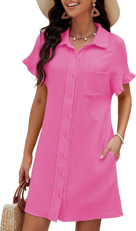 luvamia Womens Beach Cover Up Dress Cotton Button Down Shirt Dresses Casual Ruffle Sleeves Summer... | Amazon (US)