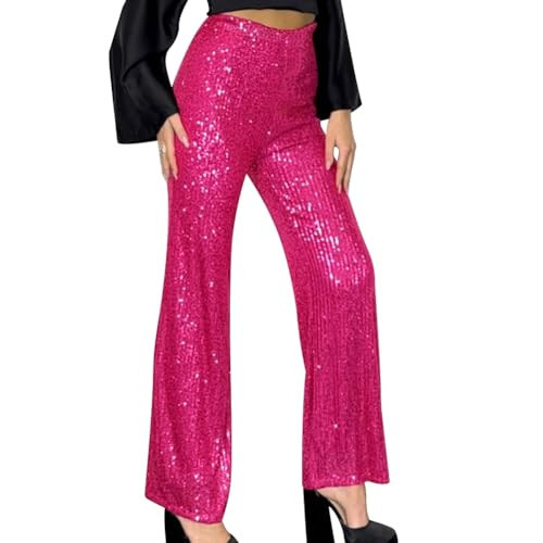 Sequin Wide Leg Pants for Women - High Waisted Glitter Dance Leggings, Bling Shiny Streetwear for Rave Party Holiday - Hot Pink L | Amazon (US)