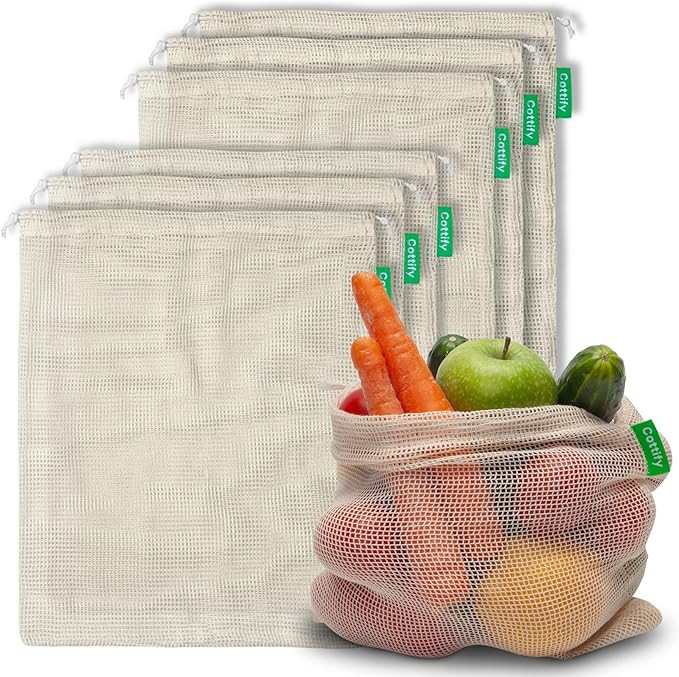 6 Reusable Produce Bags Grocery Washable | Organic Cotton Mesh Produce Bags | Double-Stitched & T... | Amazon (US)