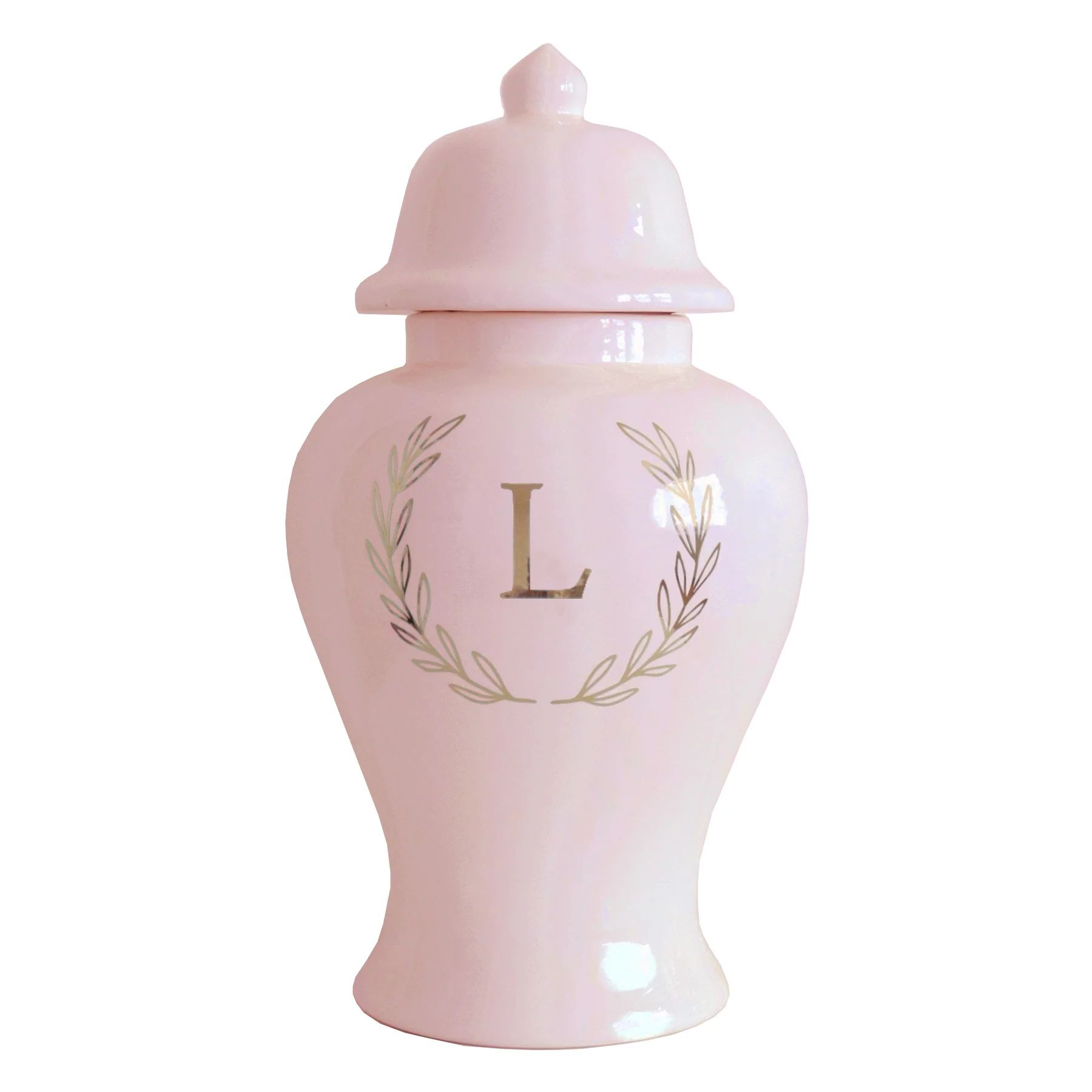 Single Letter Laurel Wreath Monogram Ginger Jars in Cherry Blossom Pin | Ruby Clay Company
