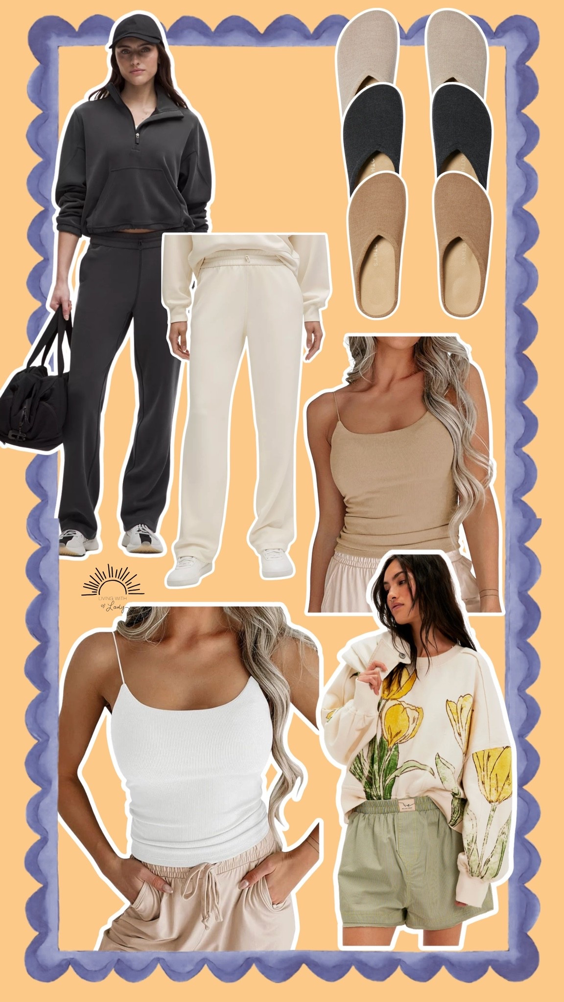 Rothy's - I am usually a 9.5 but went with a 10. 
Pants - 6 Tall
Tank - Medium
Sweatshirt - Small