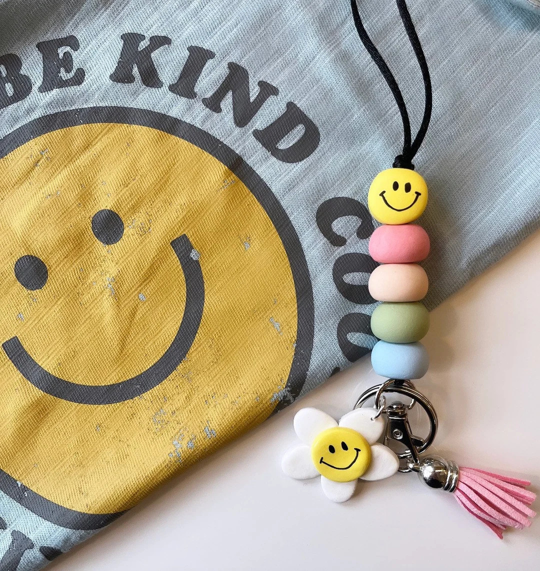 smile lanyard, smile teacher lanyard, flower teacher lanyard, boho teacher lanyard, clay beaded l... | Etsy (US)