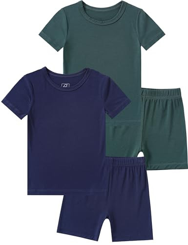 JunNeng Bamboo Viscose Toddler Pajamas,Baby Boy Girl Solid Snug Fit Short Sleeve Summer Sleepwear PJS,Dark Green+Dark Blue 4-5 Years | Amazon (US)
