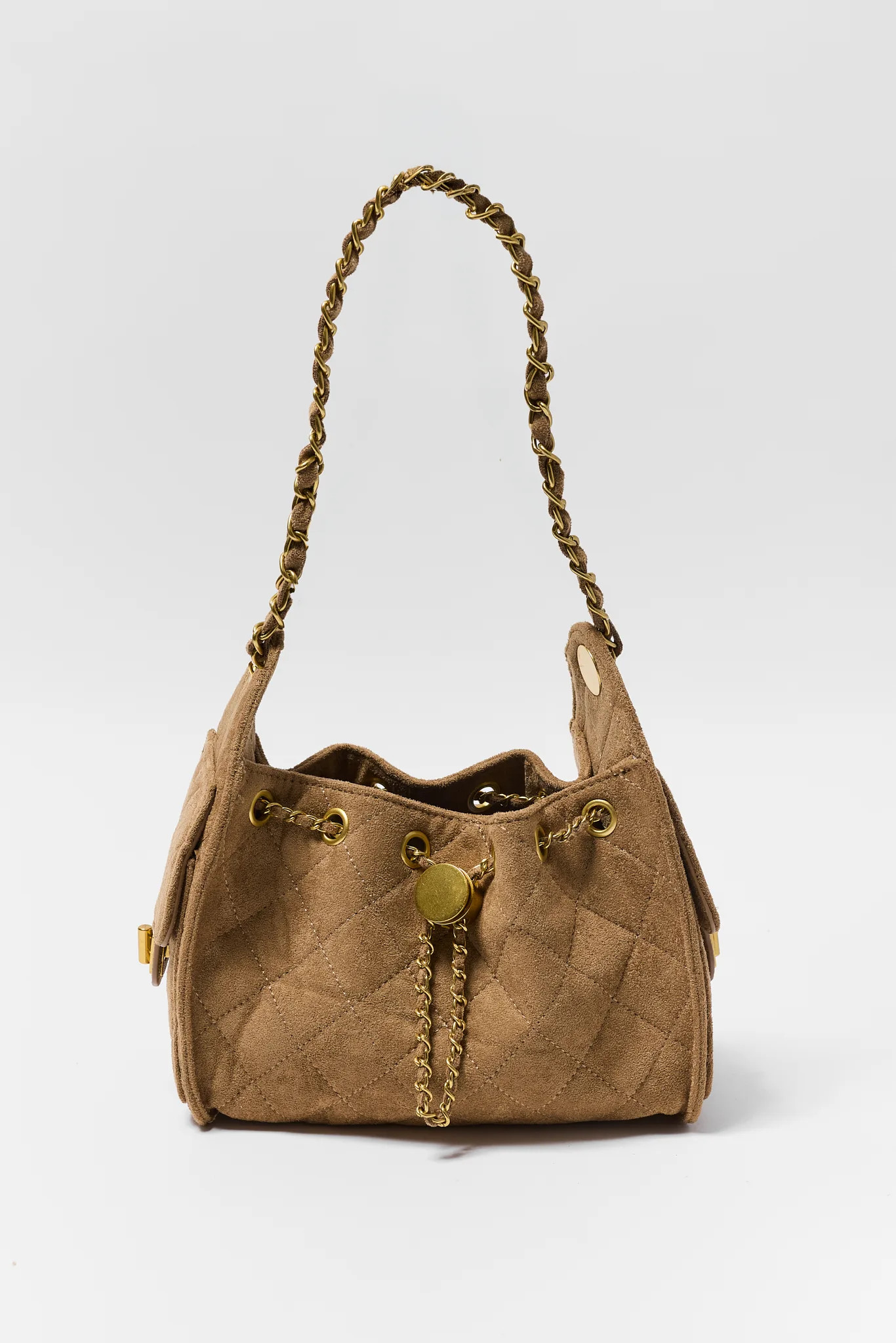 Tan Faux Suede Quilted Bucket Bag | Avara