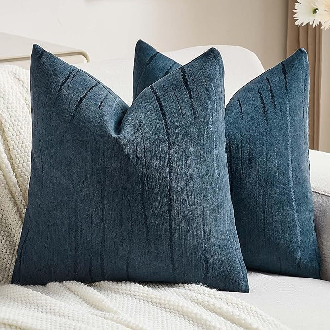 FUTEI Navy Blue Chenille Decorative Throw Pillow Covers 22x22 Inch Set of 2,Soft Embossed Striped... | Amazon (US)