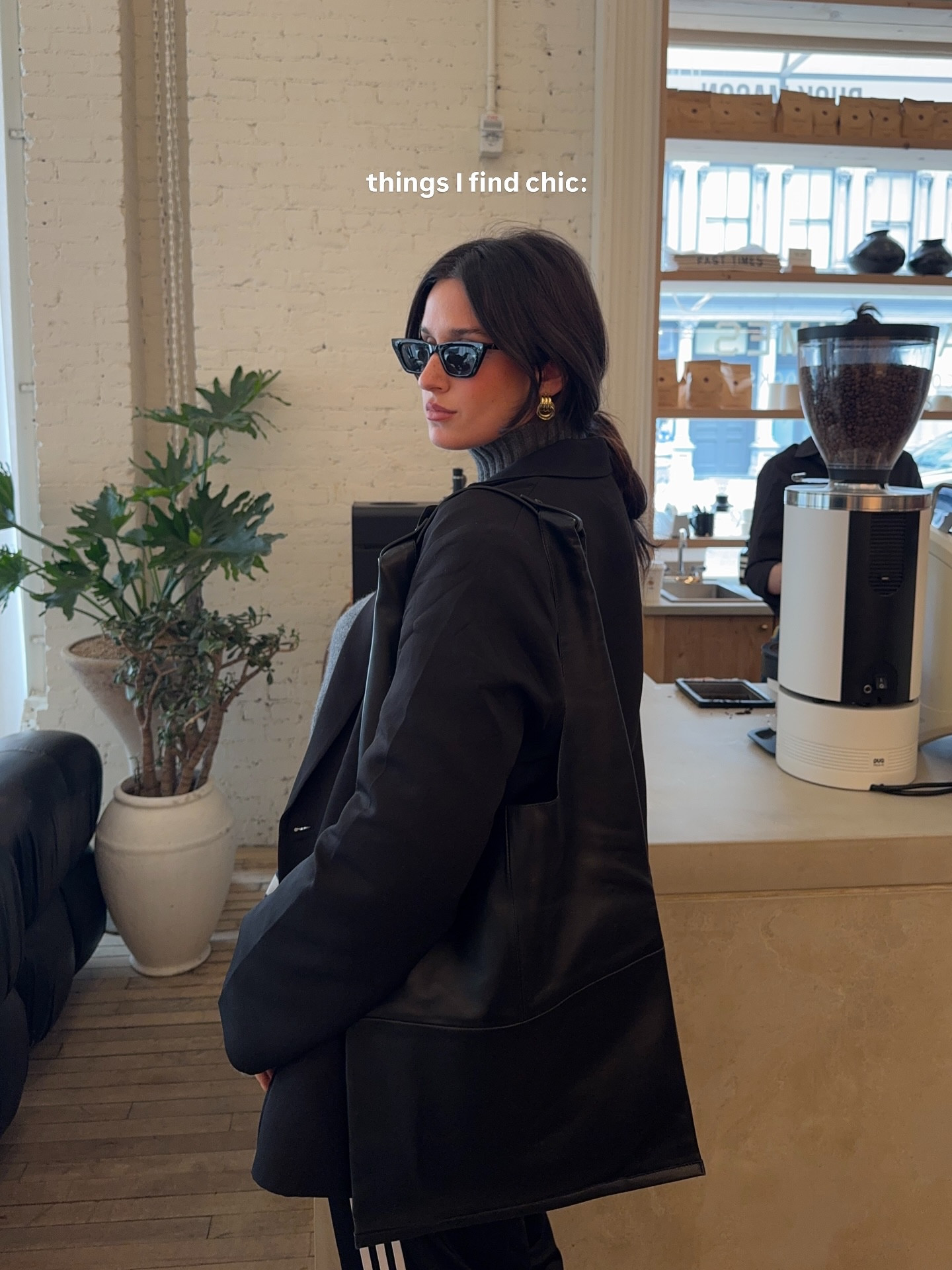 my perfect everyday chic-but-warm fit 🚕☕️: @cosstores jumper @adidas track pants @salomon sneakers @jimmyfairly sunnies @abercrombie blazer @aritzia striped long sleeve @cosstores bag