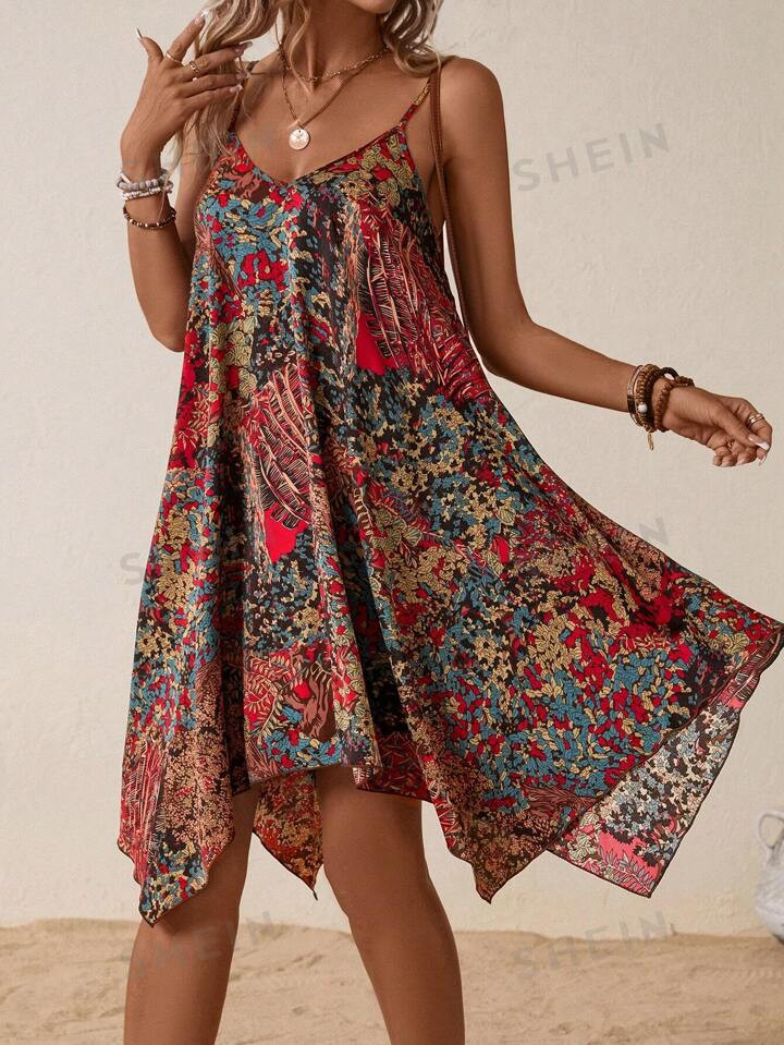 SHEIN VCAY Allover Print Hanky Hem Cami Dress | SHEIN