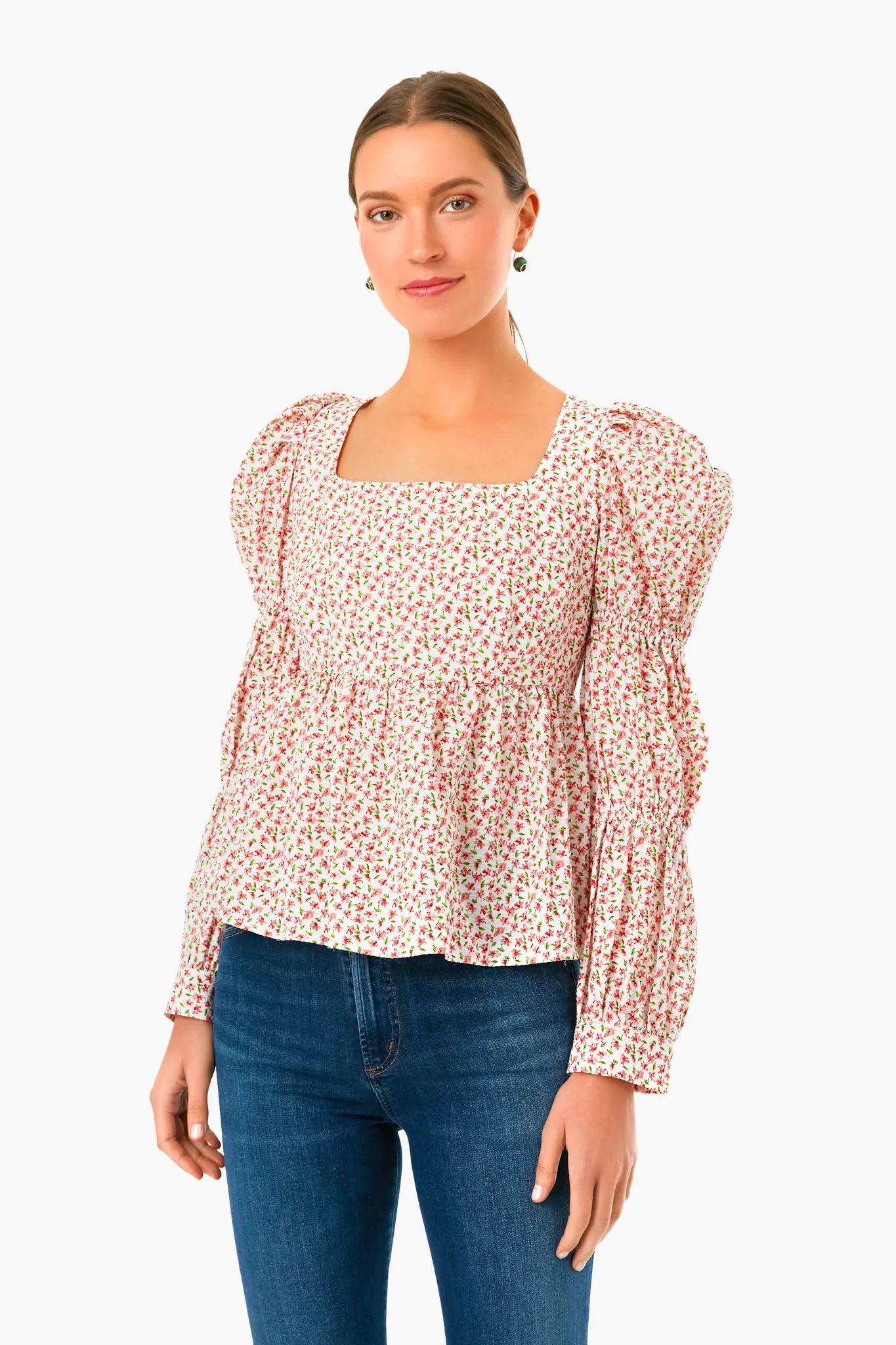 White and Pink Clemons Long Sleeve Puff Blouse | Tuckernuck (US)