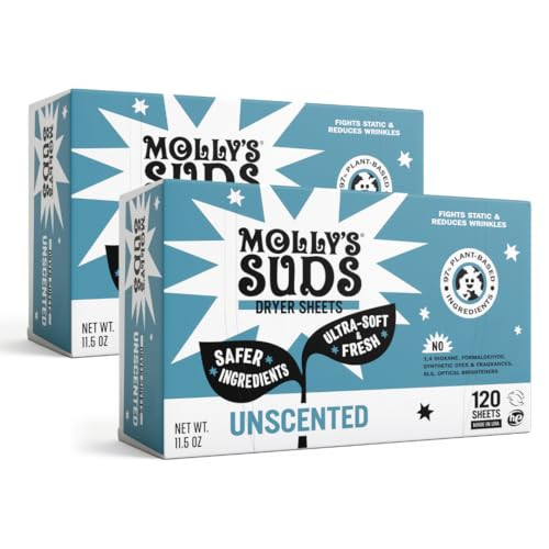 Molly's Suds Fabric Softener Dryer Sheets for Sensitive Skin | Plant-Based Static Reducer, Plastic-Free Packaging | Bundle of 2, Unscented (240 Sheets Total) | Amazon (US)