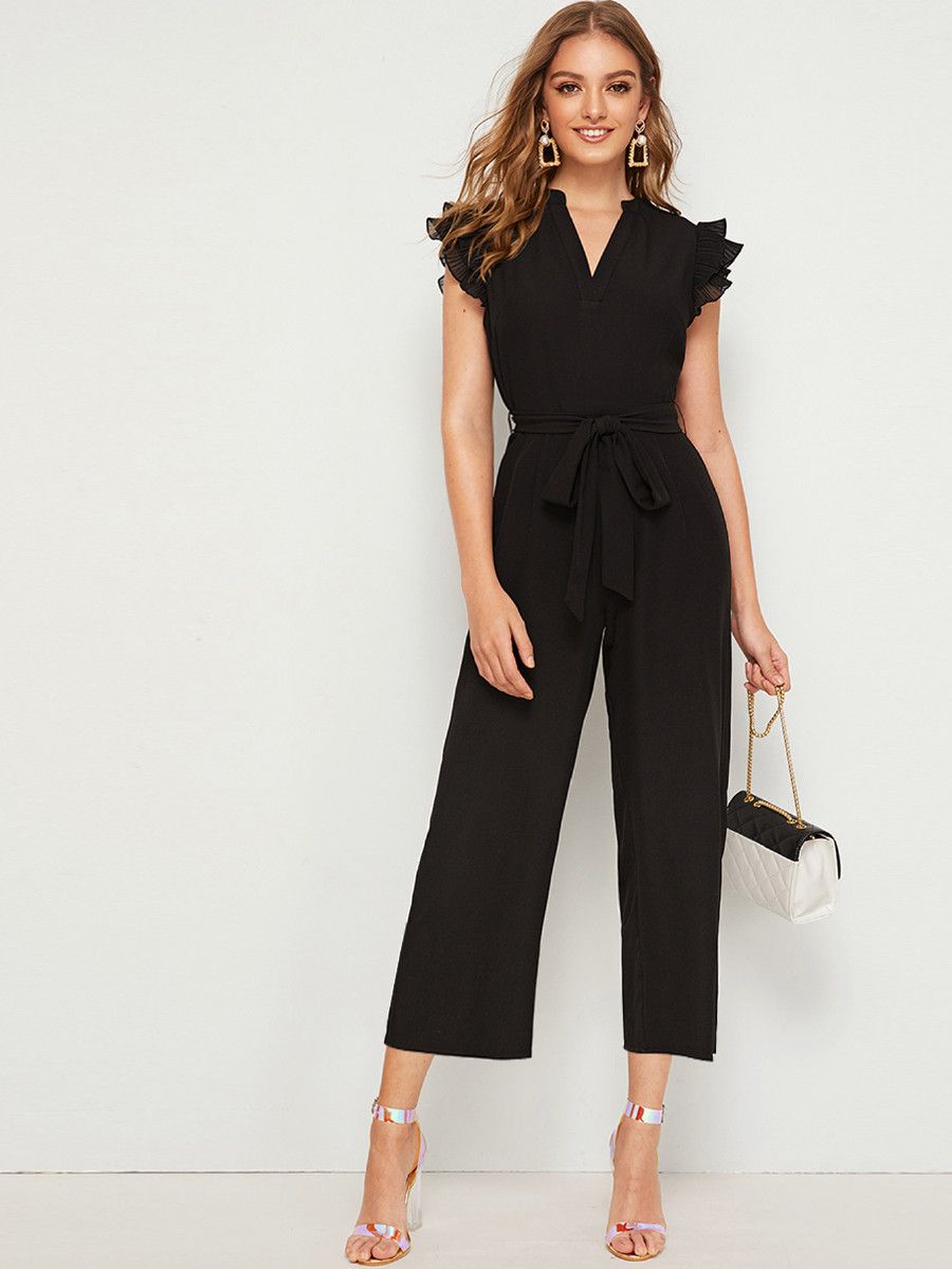 SHEIN Layered Pleated Sleeve Belted Jumpsuit | SHEIN