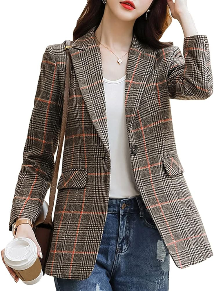 ebossy Women's Notch Lapel 2 Button Boyfriend Blazer Suit Houndstooth Plaid Jacket Coat | Amazon (US)