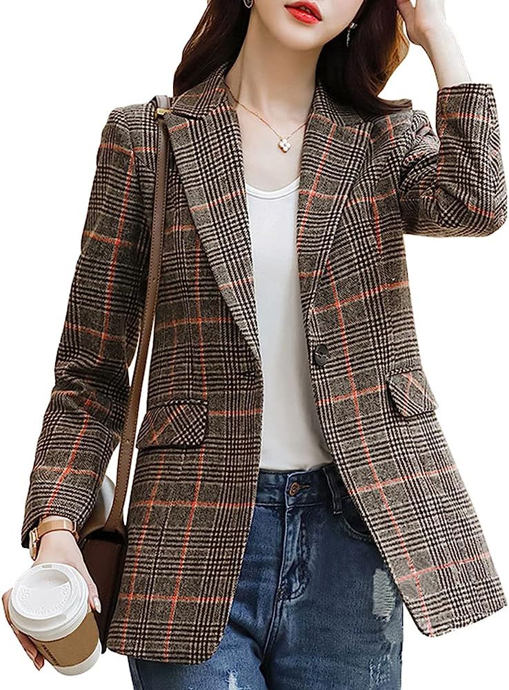 ebossy Women's Notch Lapel 2 Button Boyfriend Blazer Suit Houndstooth Plaid Jacket Coat | Amazon (US)