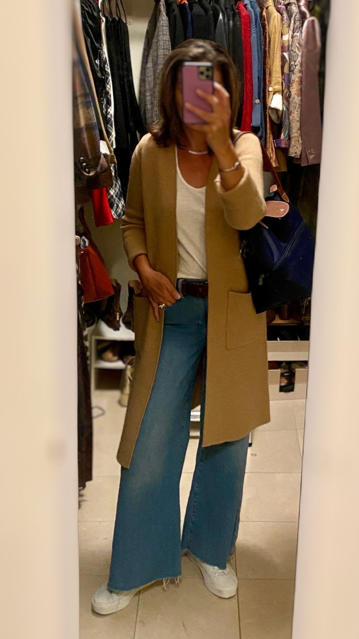 Casual OOTD:
📍Frame LePalazzo wide leg jeans, long cashmere cardigan, white tank, favorite Longchamp  Le Pilage large tote in navy blue 

#LTKSaleAlert #LTKOver40