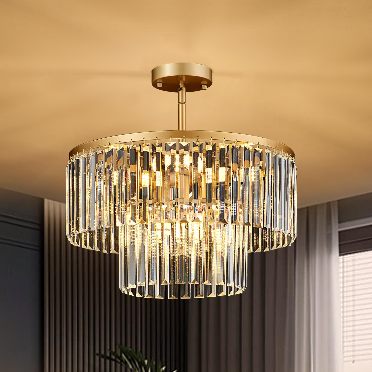 17.7" Gold Semi Flush Mount 2-Tier Crystal Ceiling Light Fixtures for Dining Room Modern Industri... | Amazon (US)