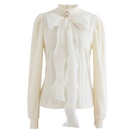 Brooch Bowknot Mock Neck Top in Cream | Chicwish