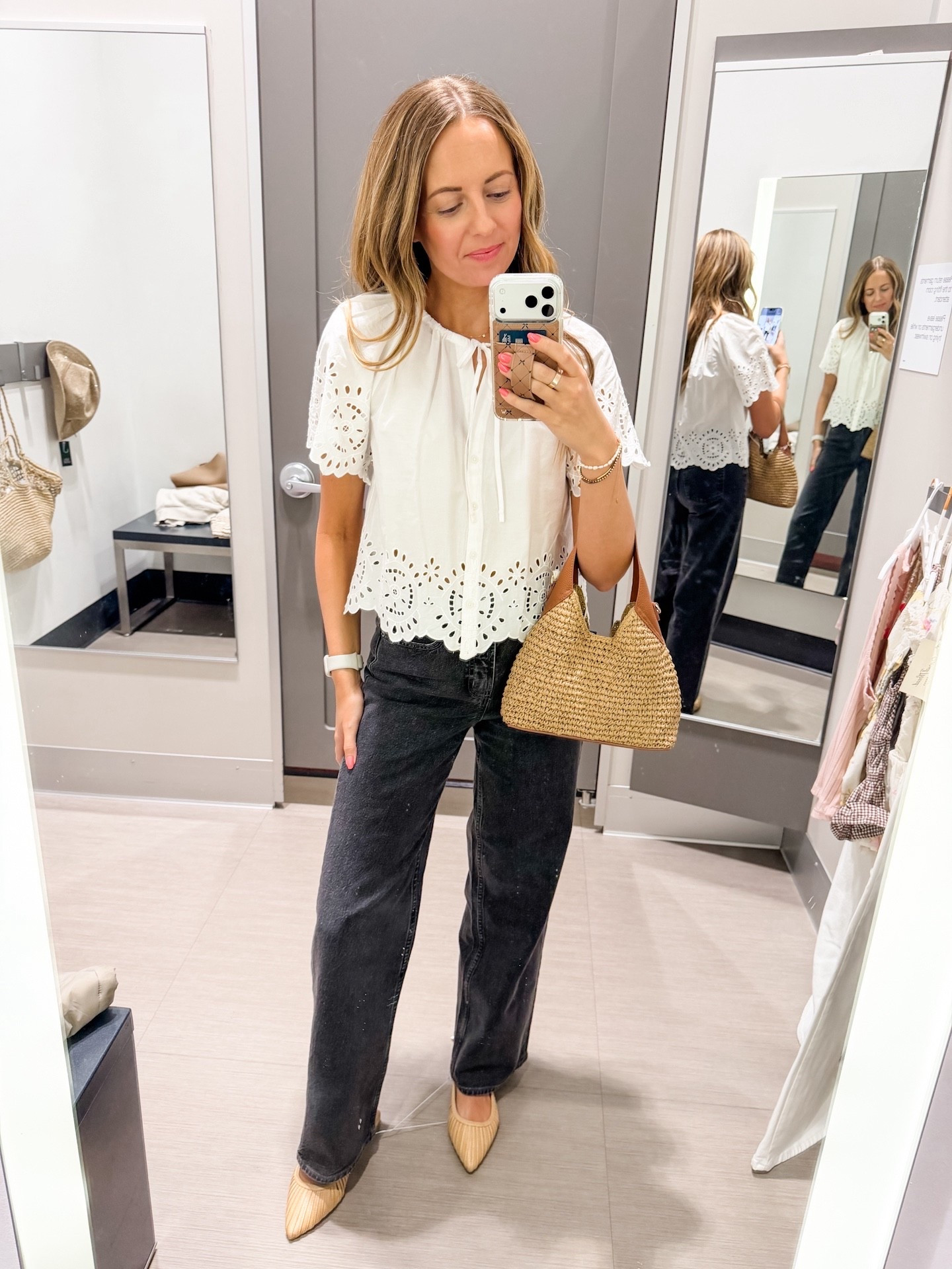 Target eyelet white top 😍 So cute for spring and summer. Here I have it paired with my new favorite jeans from Old Navy in the black wash.

Wearing an XS in top and 0 in bottoms. 

#LTKootd #LTKOver40 #LTKSaleAlert