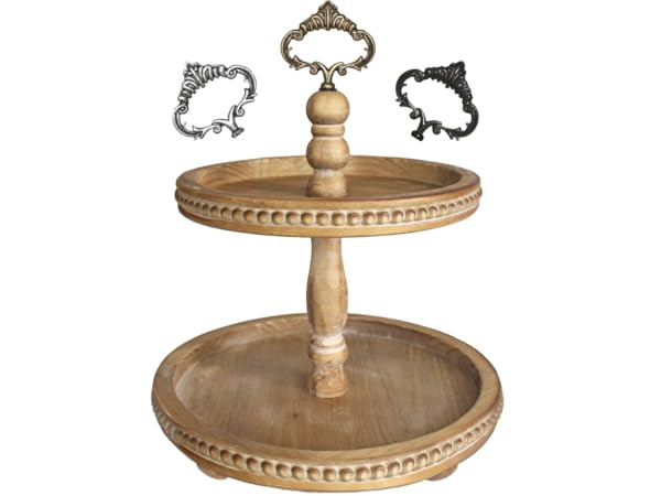 2 Tiered Tray Wooden Serving Stand by Felt Creative Home Goods. Small Beaded Tray for Home Decor Display Farmhouse Country Decoration Kitchen or Dining. Includes 3 Finial Custom Handles (Brown) | Amazon (US)