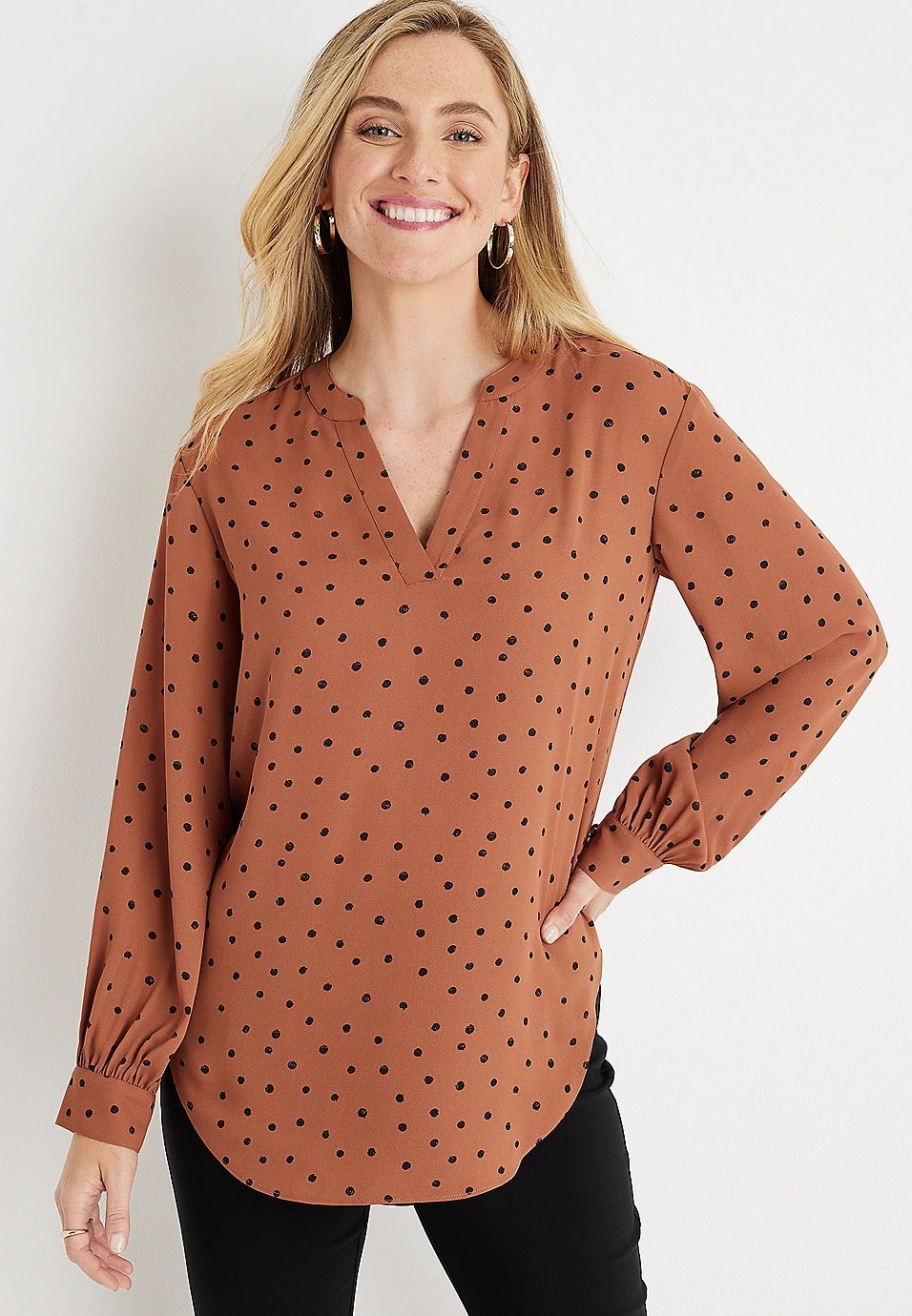 Atwood Tunic Polka Dot 3/4 Sleeve Popover Blouse | Maurices