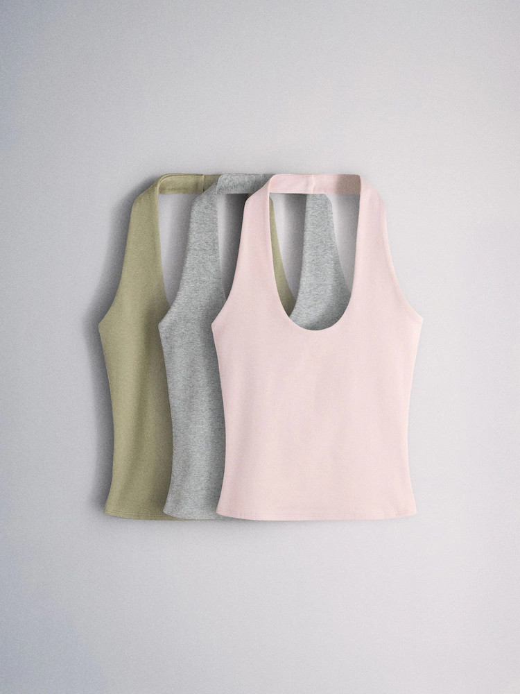 The Set 3 Pack Halter Neck Tops Light Pink/Grey Marl/Khaki Green | Next US