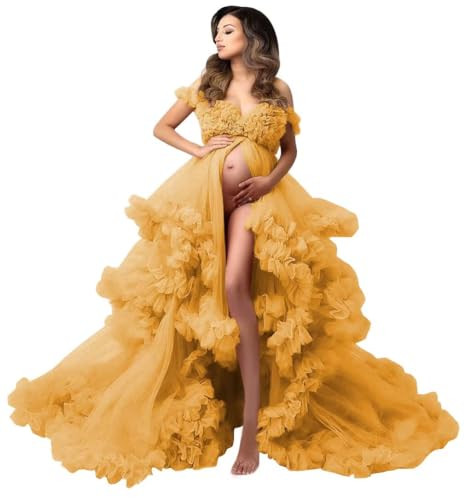 Molisa Tulle Maternity Robe for Photoshoot Puffy Ruffles Bridal Lingerie Bathgown Illusion Wedding Scarf Gold L/XL | Amazon (US)