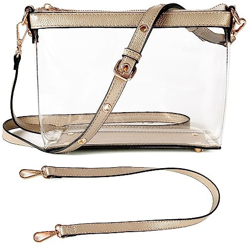 Y&R Direct 3-IN-1 Clear Zipper Crossbody Bag with Vegan Leather Trim Clear Purse for Stadium Festival Concert Gameday Gifts (Light Gold) | Amazon (US)