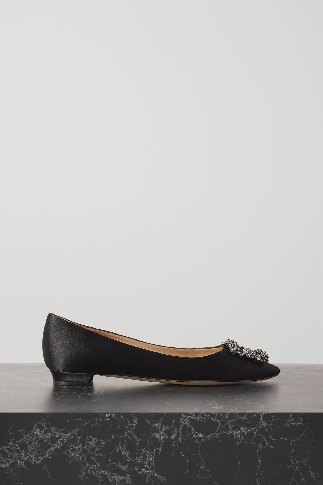 Manolo Blahnik - Hangisi Crystal-embellished Satin Point-toe Flats - Black | NET-A-PORTER (US)