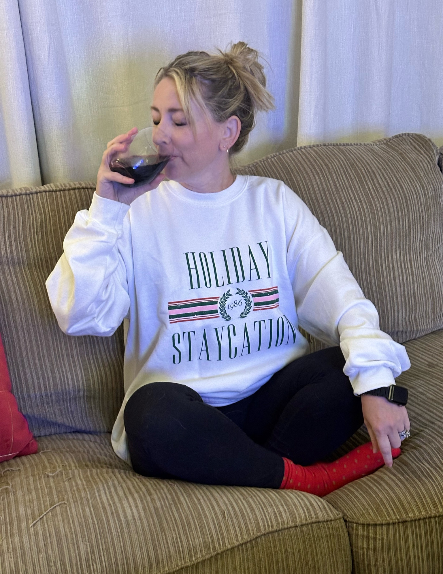 Holiday staycation 
Holiday sweatshirt (wearing am/med)
Fun wine glasses
Holiday leisure outfit 

#LTKGiftGuide #LTKHoliday #LTKhome