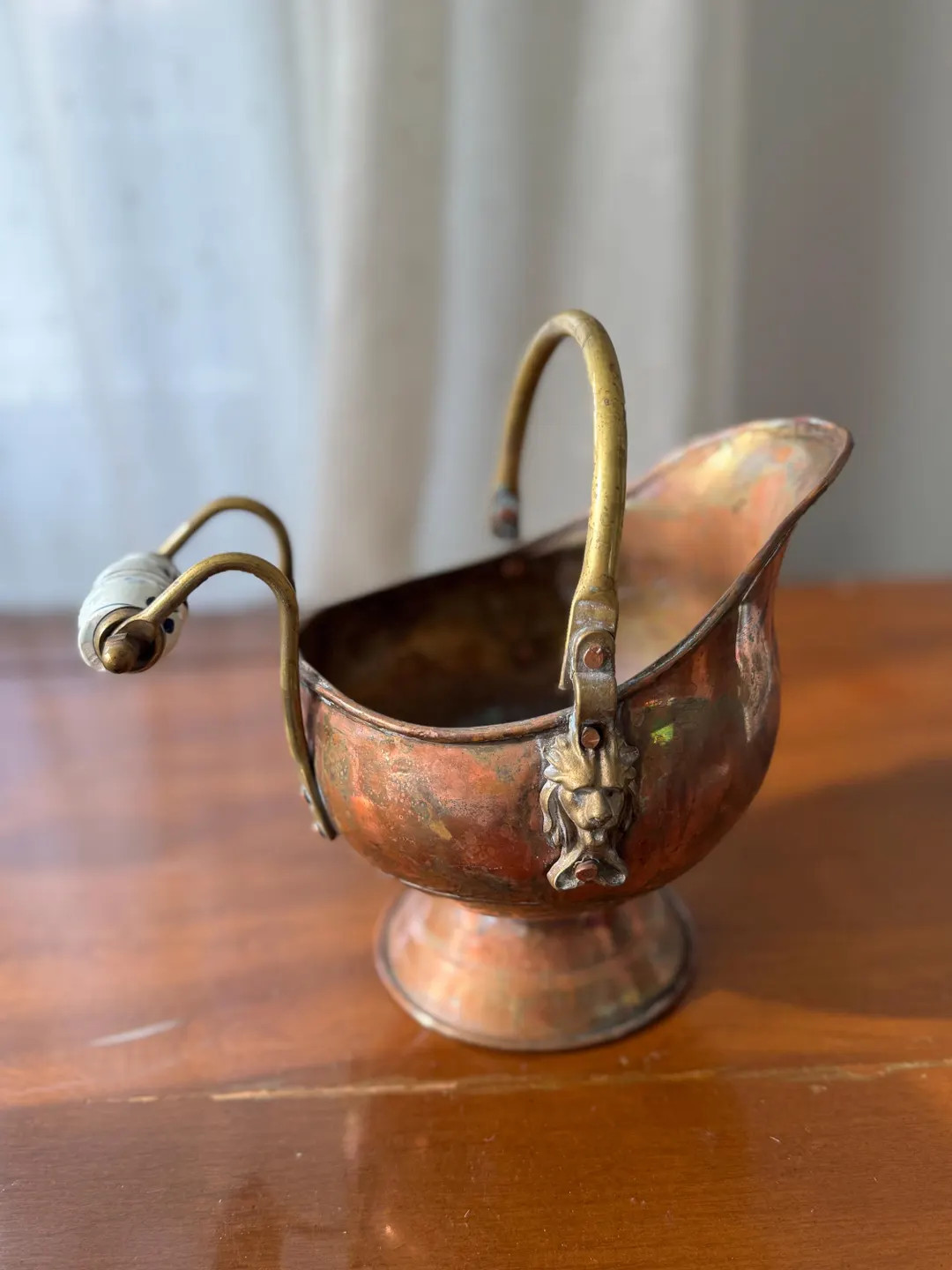 Vintage Copper and Brass Coal Skuttle Bucket with Ceramic Handles and Lions Head | Etsy (US)